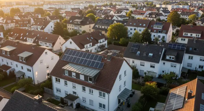 Aerial drone view of typical German residential neighborhood with mixed roof types, red and dark roof tiles, gardens visible, sunny day