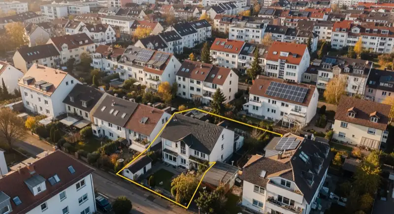Aerial drone view of typical German residential neighborhood with mixed roof types, red and dark roof tiles, gardens visible, sunny day