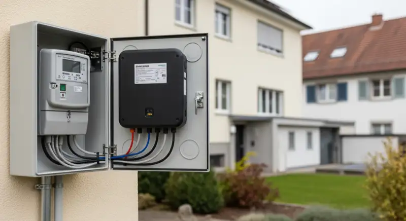 Modern German electrical meter cabinet (Zählerschrank) with smart meter and solar inverter connection, clean technical installation