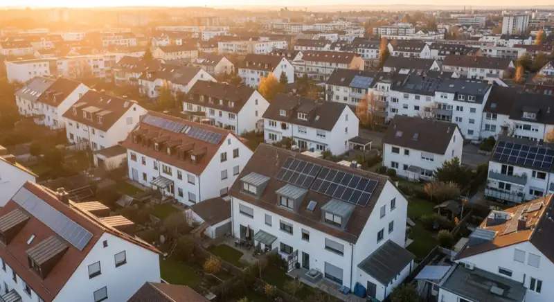 Aerial drone view of typical German residential neighborhood with mixed roof types, red and dark roof tiles, gardens visible, sunny day