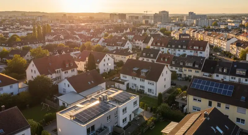 Aerial drone view of typical German residential neighborhood with mixed roof types, red and dark roof tiles, gardens visible, sunny day