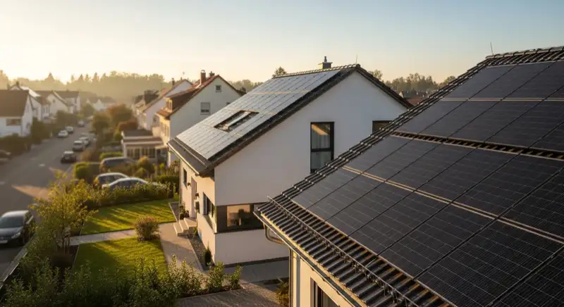 Modernes Einfamilienhaus in Freiburg mit Solaranlage, warmes Morgenlicht, realistischer Vorstadtstil