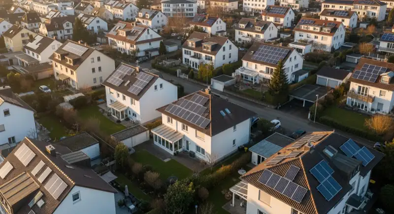 Wohngebiete in Freiburg mit verschiedenen Bauformen, typische Einfamilienhäuser und Dachstrukturen aus der Luft