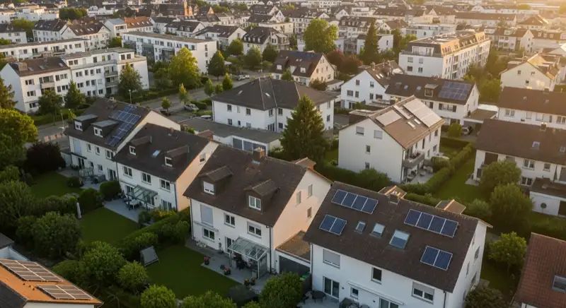 Wohngebiete in Freiburg mit verschiedenen Bauformen, typische Einfamilienhäuser und Dachstrukturen aus der Luft