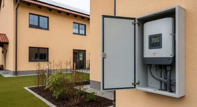 Modern German electrical meter cabinet (Zählerschrank) with smart meter and solar inverter connection, clean technical installation