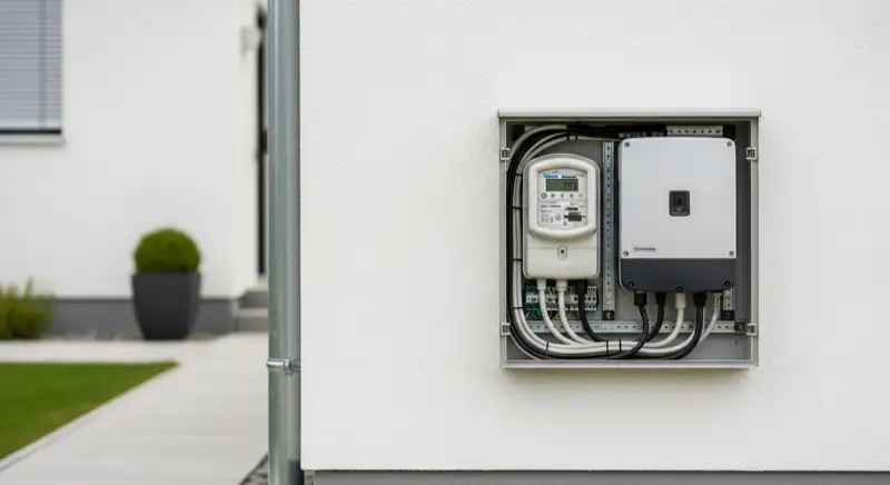 Modern German electrical meter cabinet (Zählerschrank) with smart meter and solar inverter connection, clean technical installation
