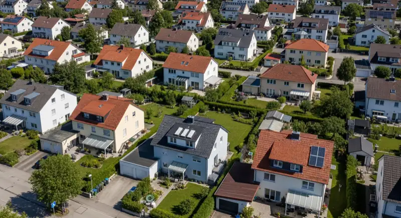 Aerial drone view of typical German residential neighborhood with mixed roof types, red and dark roof tiles, gardens visible, sunny day