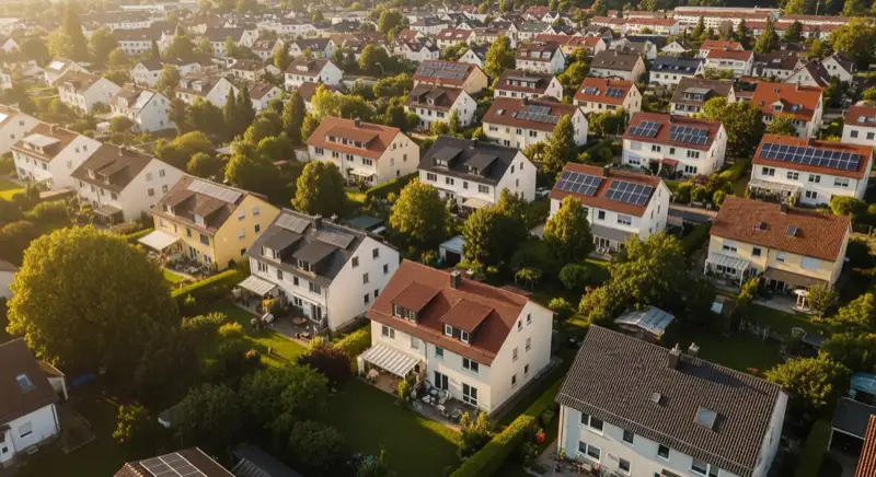 Aerial drone view of typical German residential neighborhood with mixed roof types, red and dark roof tiles, gardens visible, sunny day