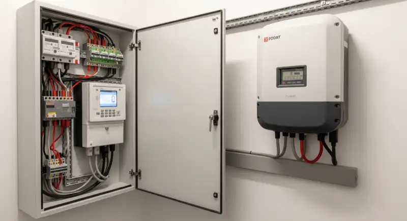 Modern German electrical meter cabinet (Zählerschrank) with smart meter and solar inverter connection, clean technical installation