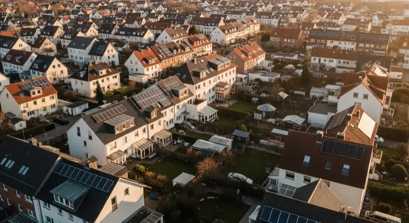 Aerial drone view of typical German residential neighborhood with mixed roof types, red and dark roof tiles, gardens visible, sunny day