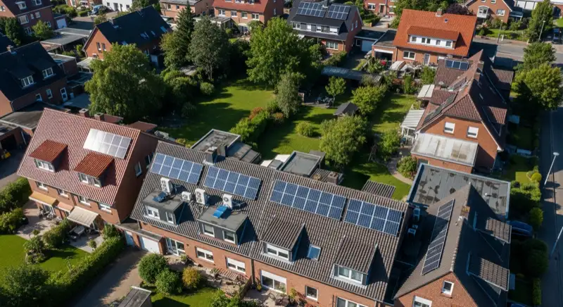Aerial drone view of typical German residential neighborhood with mixed roof types, red and dark roof tiles, gardens visible, sunny day