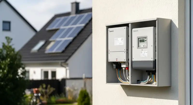 Modern German electrical meter cabinet (Zählerschrank) with smart meter and solar inverter connection, clean technical installation