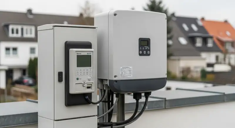 Modern German electrical meter cabinet (Zählerschrank) with smart meter and solar inverter connection, clean technical installation