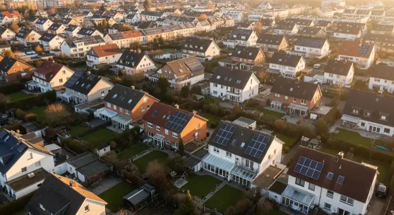 Aerial drone view of typical German residential neighborhood with mixed roof types, red and dark roof tiles, gardens visible, sunny day