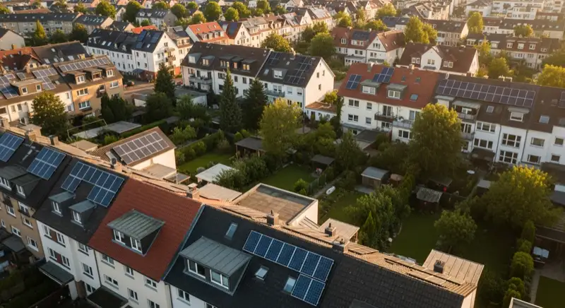Aerial drone view of typical German residential neighborhood with mixed roof types, red and dark roof tiles, gardens visible, sunny day