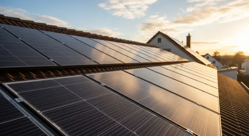 Close-up of photovoltaic solar panels installed on a traditional German Satteldach (gabled roof), blue sky with some clouds