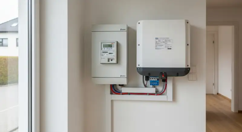 Modern German electrical meter cabinet (Zählerschrank) with smart meter and solar inverter connection, clean technical installation