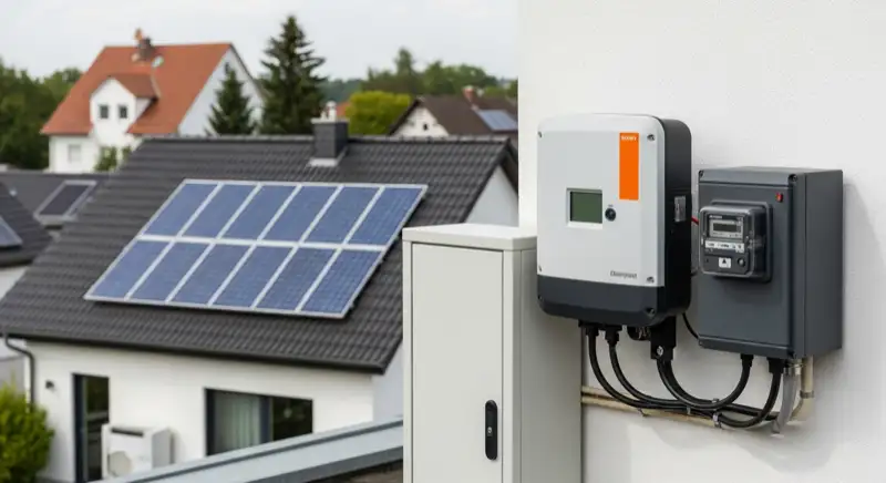 Modern German electrical meter cabinet (Zählerschrank) with smart meter and solar inverter connection, clean technical installation
