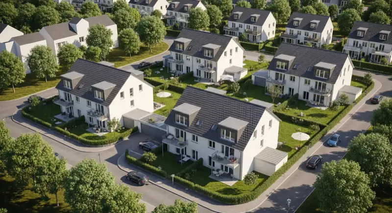 Aerial drone view of typical German residential neighborhood with mixed roof types, red and dark roof tiles, gardens visible, sunny day