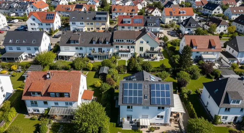 Aerial drone view of typical German residential neighborhood with mixed roof types, red and dark roof tiles, gardens visible, sunny day