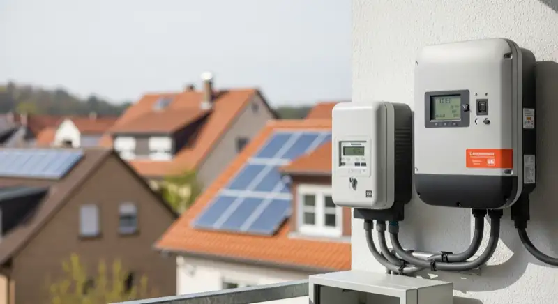Modern German electrical meter cabinet (Zählerschrank) with smart meter and solar inverter connection, clean technical installation