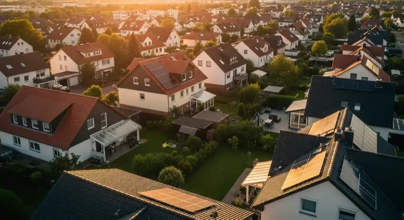 Aerial drone view of typical German residential neighborhood with mixed roof types, red and dark roof tiles, gardens visible, sunny day