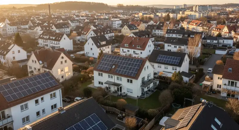 Aerial drone view of typical German residential neighborhood with mixed roof types, red and dark roof tiles, gardens visible, sunny day