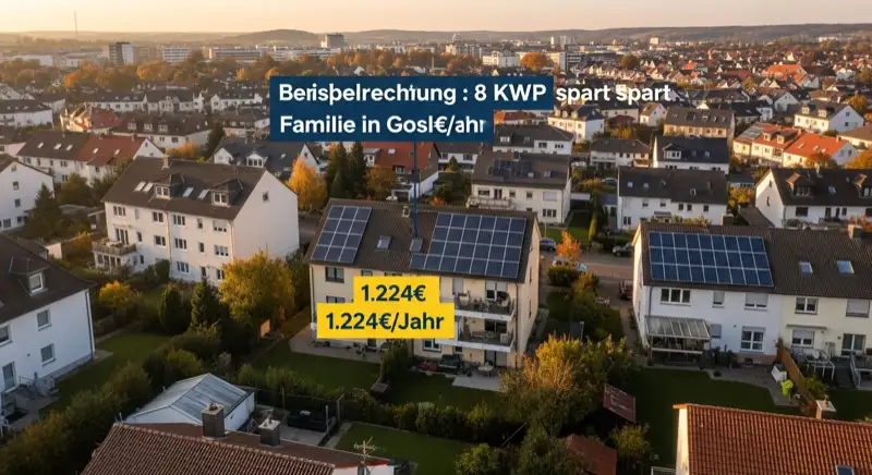 Aerial drone view of typical German residential neighborhood with mixed roof types, red and dark roof tiles, gardens visible, sunny day