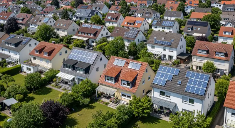 Aerial drone view of typical German residential neighborhood with mixed roof types, red and dark roof tiles, gardens visible, sunny day