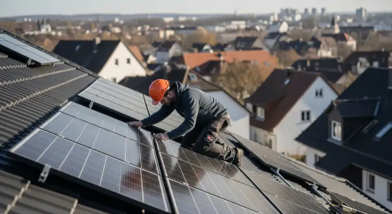 Installateur montiert Photovoltaik-Module auf Einfamilienhaus-Dach in Gotha mit Blick auf die Stadt