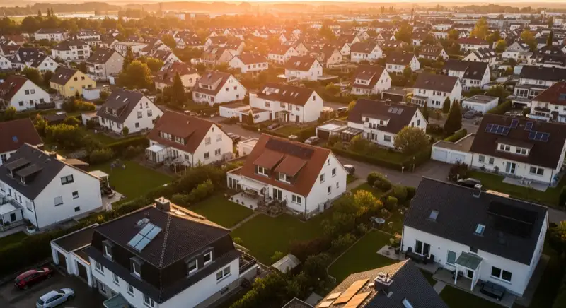Aerial drone view of typical German residential neighborhood with mixed roof types, red and dark roof tiles, gardens visible, sunny day