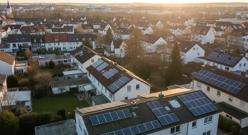 Aerial drone view of typical German residential neighborhood with mixed roof types, red and dark roof tiles, gardens visible, sunny day