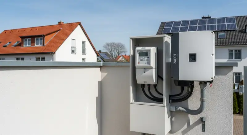 Modern German electrical meter cabinet (Zählerschrank) with smart meter and solar inverter connection, clean technical installation