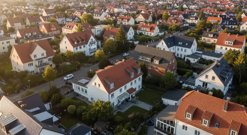 Aerial drone view of typical German residential neighborhood with mixed roof types, red and dark roof tiles, gardens visible, sunny day