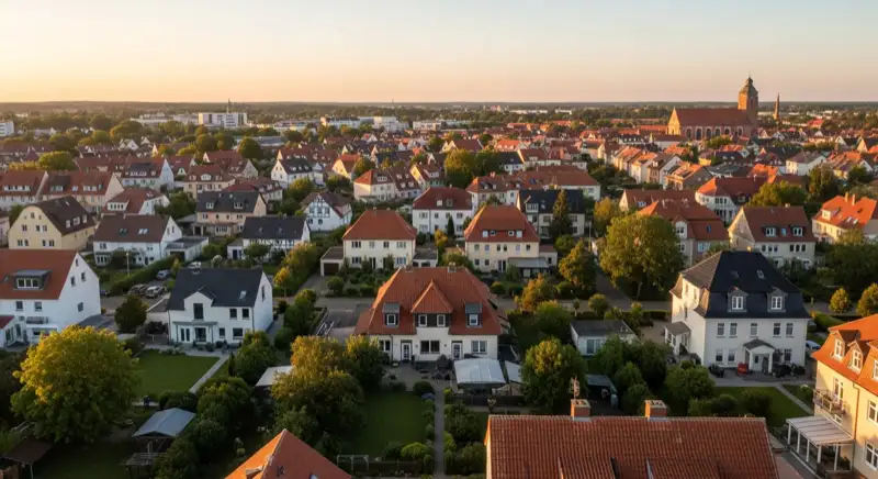 Aerial drone view of typical German residential neighborhood with mixed roof types, red and dark roof tiles, gardens visible, sunny day