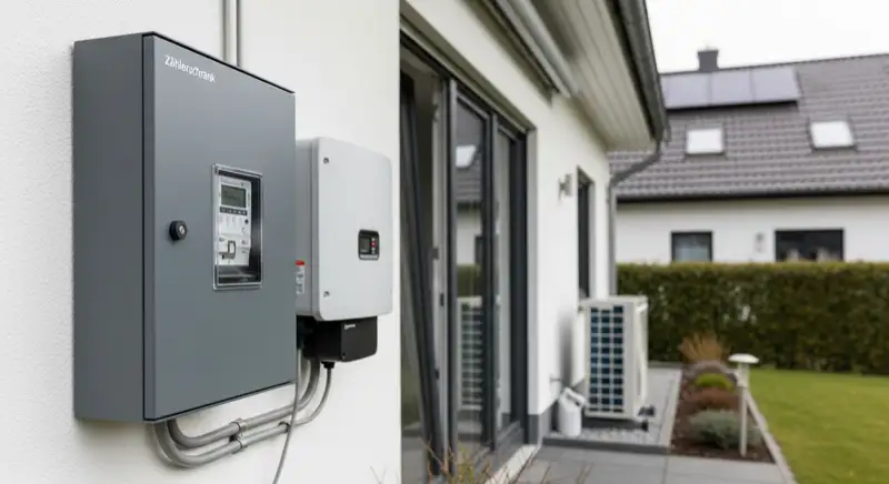 Modern German electrical meter cabinet (Zählerschrank) with smart meter and solar inverter connection, clean technical installation