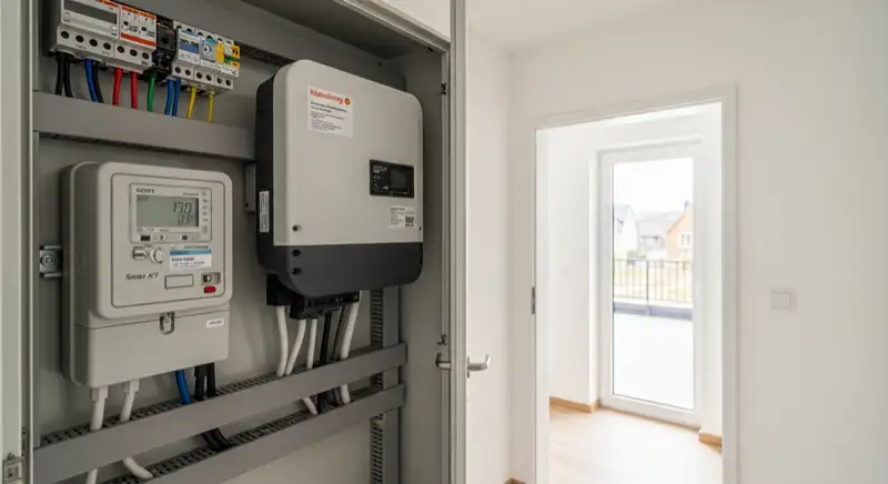 Modern German electrical meter cabinet (Zählerschrank) with smart meter and solar inverter connection, clean technical installation