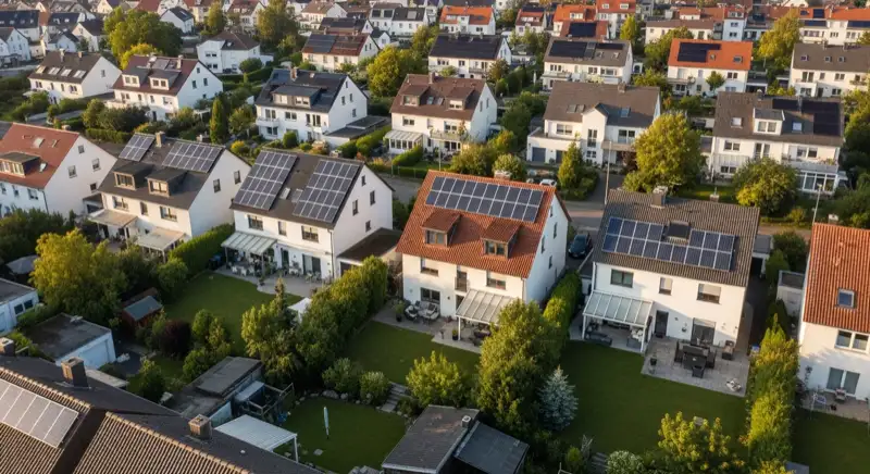 Aerial drone view of typical German residential neighborhood with mixed roof types, red and dark roof tiles, gardens visible, sunny day