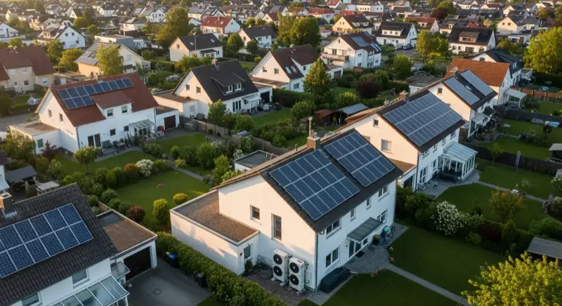 Aerial drone view of typical German residential neighborhood with mixed roof types, red and dark roof tiles, gardens visible, sunny day