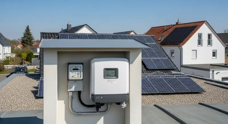 Modern German electrical meter cabinet (Zählerschrank) with smart meter and solar inverter connection, clean technical installation