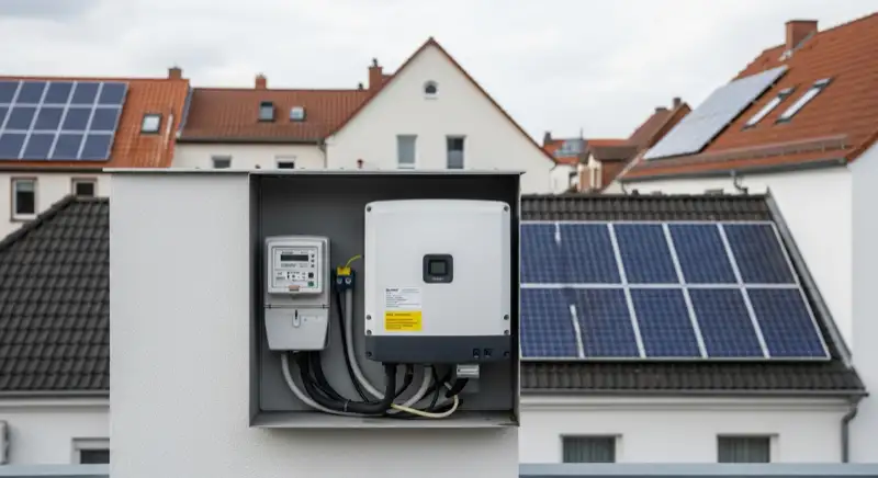 Modern German electrical meter cabinet (Zählerschrank) with smart meter and solar inverter connection, clean technical installation