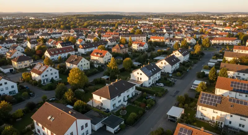 Aerial drone view of typical German residential neighborhood with mixed roof types, red and dark roof tiles, gardens visible, sunny day