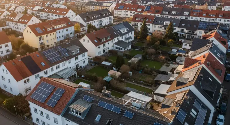 Aerial drone view of typical German residential neighborhood with mixed roof types, red and dark roof tiles, gardens visible, sunny day