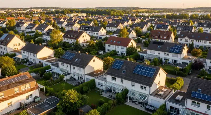 Aerial drone view of typical German residential neighborhood with mixed roof types, red and dark roof tiles, gardens visible, sunny day