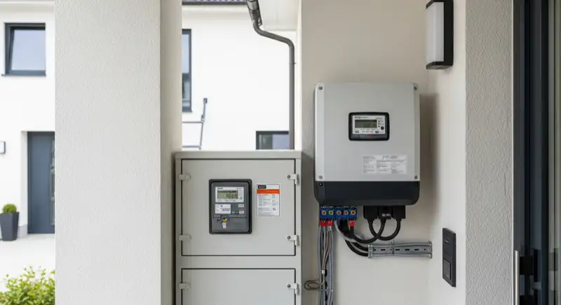 Modern German electrical meter cabinet (Zählerschrank) with smart meter and solar inverter connection, clean technical installation
