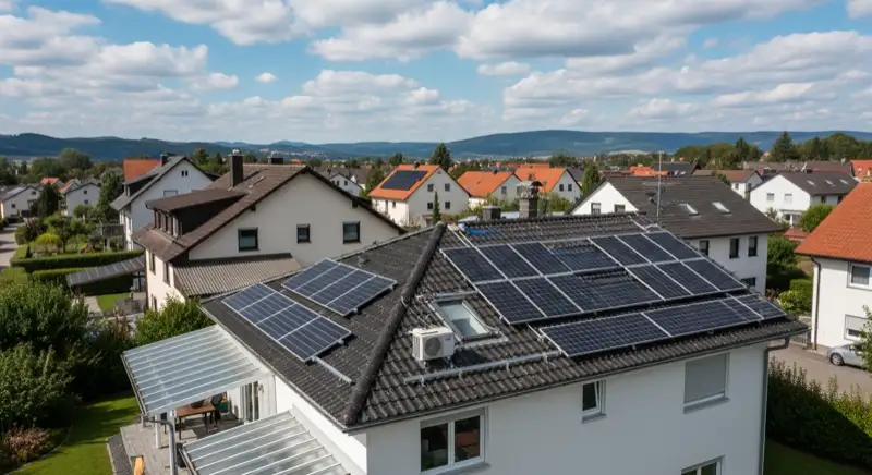 PV-Anlage Installation auf bergischem Einfamilienhaus in Gummersbach mit Installateuren auf dem Dach