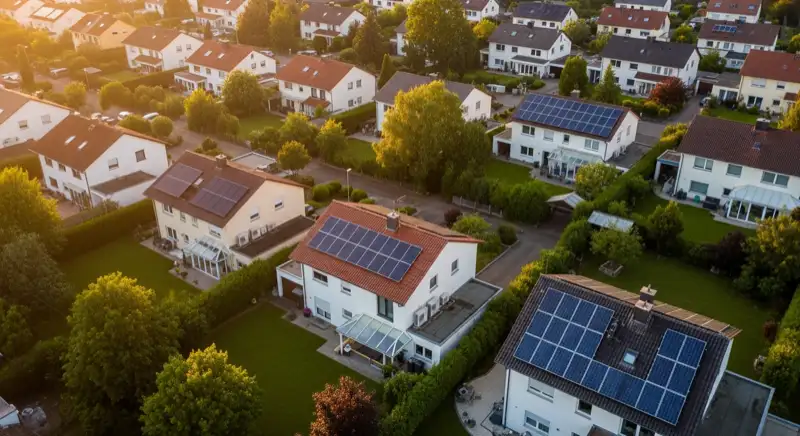 Aerial drone view of typical German residential neighborhood with mixed roof types, red and dark roof tiles, gardens visible, sunny day