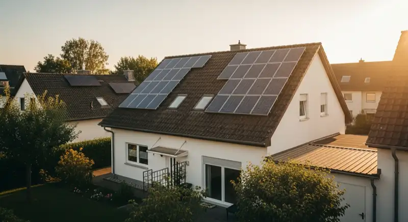 German detached house (Einfamilienhaus) with photovoltaic panels on pitched roof, well-maintained garden, warm afternoon sunlight