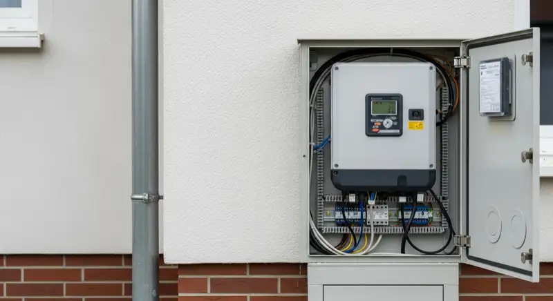 Modern German electrical meter cabinet (Zählerschrank) with smart meter and solar inverter connection, clean technical installation