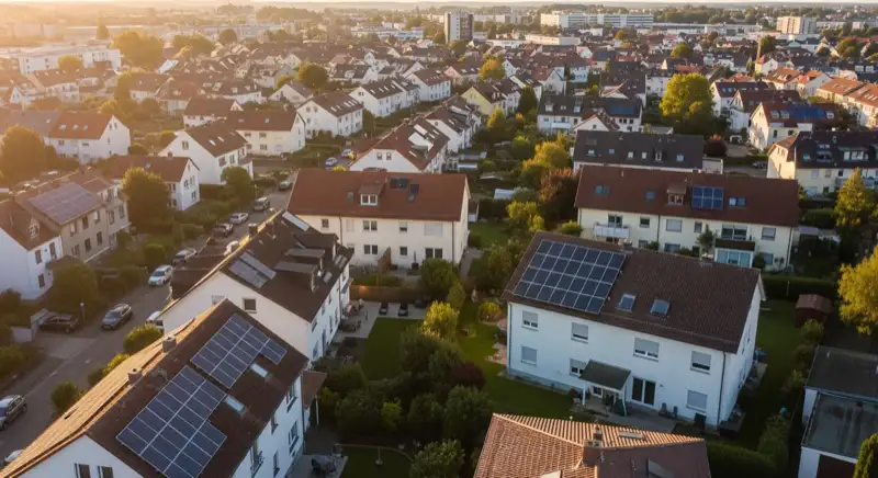 Aerial drone view of typical German residential neighborhood with mixed roof types, red and dark roof tiles, gardens visible, sunny day